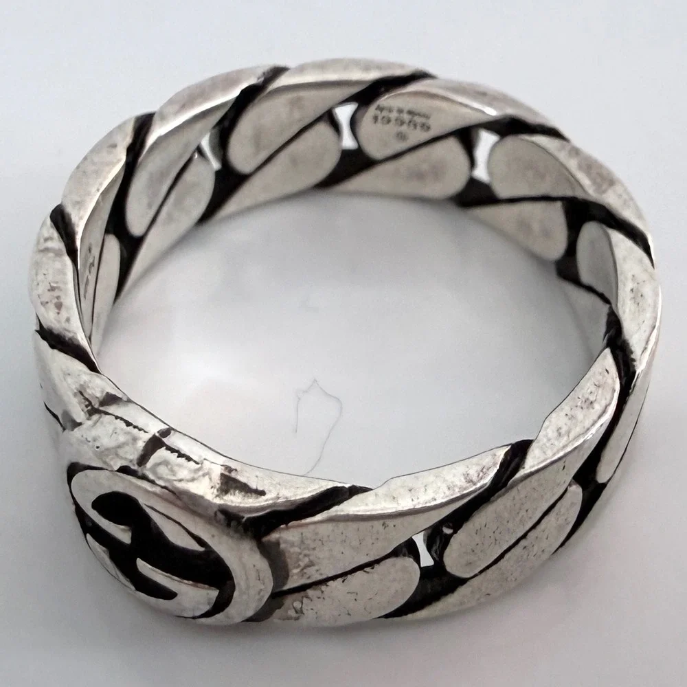 Gucci Interlocking G Curb Chain Ring Sterling Silver 661513 J8400 Size 12 IT 6